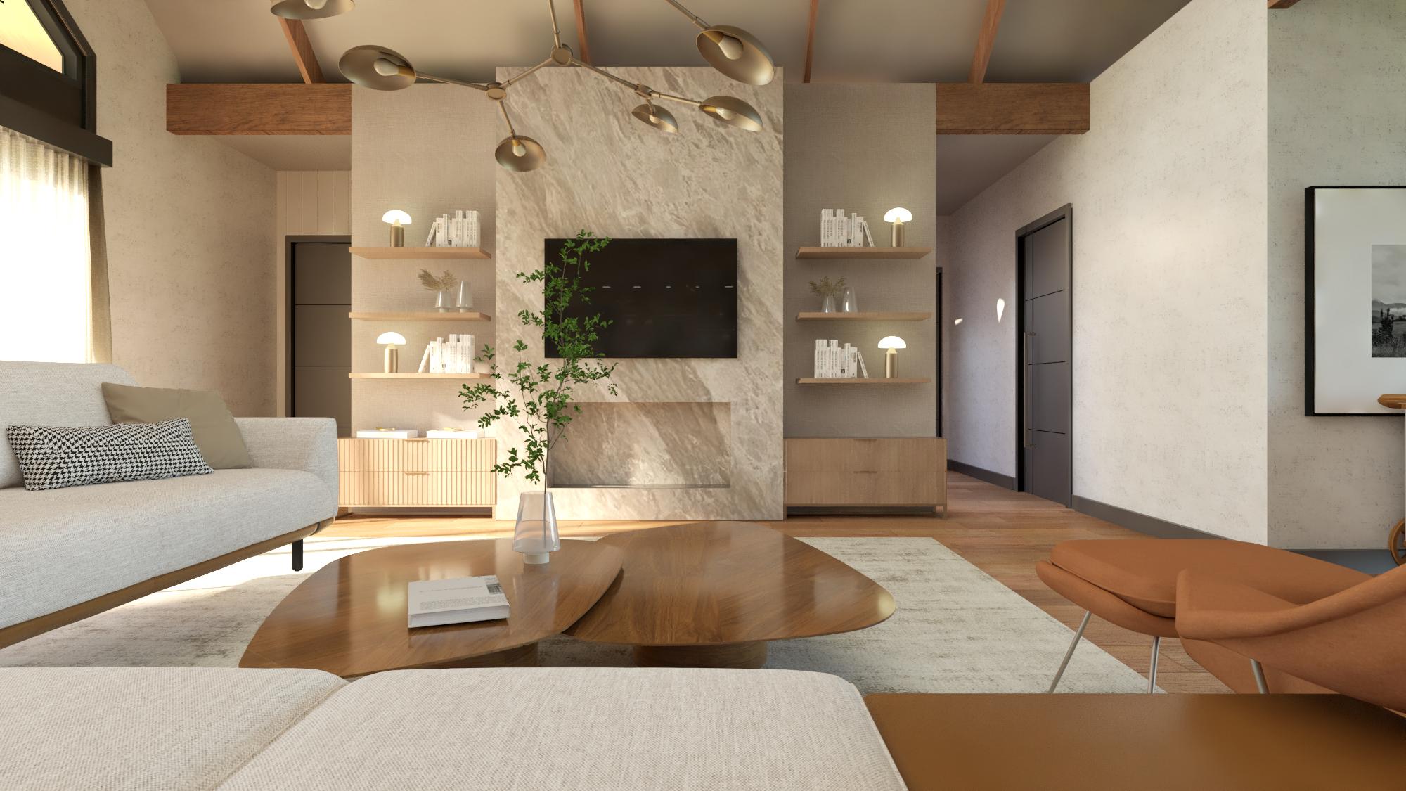 A modern living room with a neutral palette featuring a sectional sofa, wooden coffee table, and an accent wall with a mounted TV.
