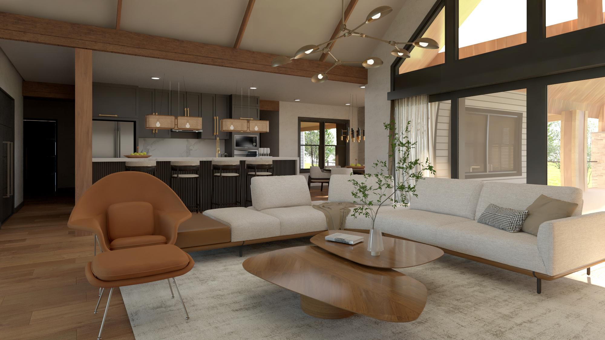 Modern living room featuring a curved brown chair, neutral sofa, and wooden coffee tables. The space includes a kitchen and large windows.