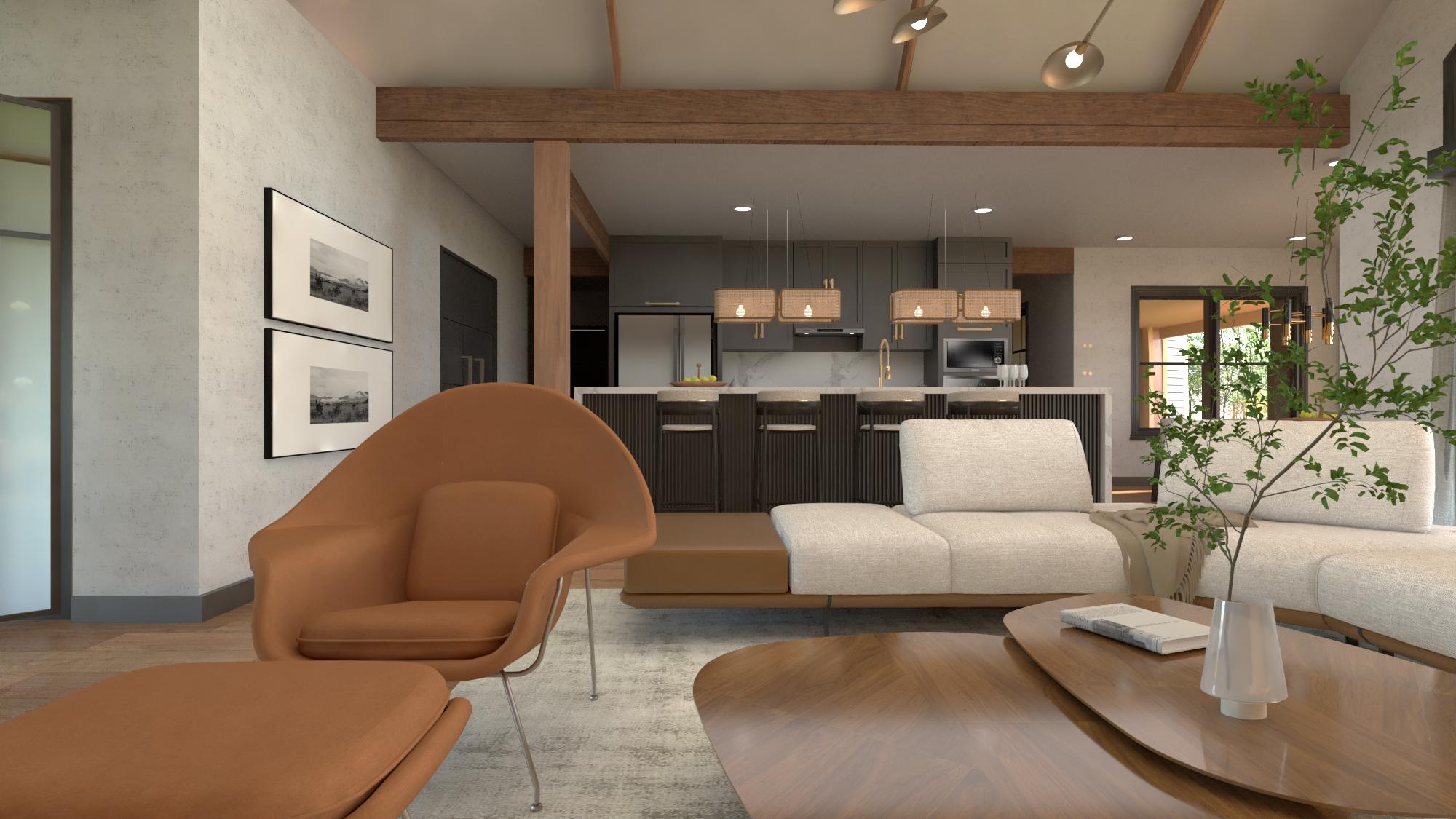 Modern open-concept living space with a kitchen visible in the background. A mid-century modern style chair and ottoman are in the foreground, with a curved sofa nearby.