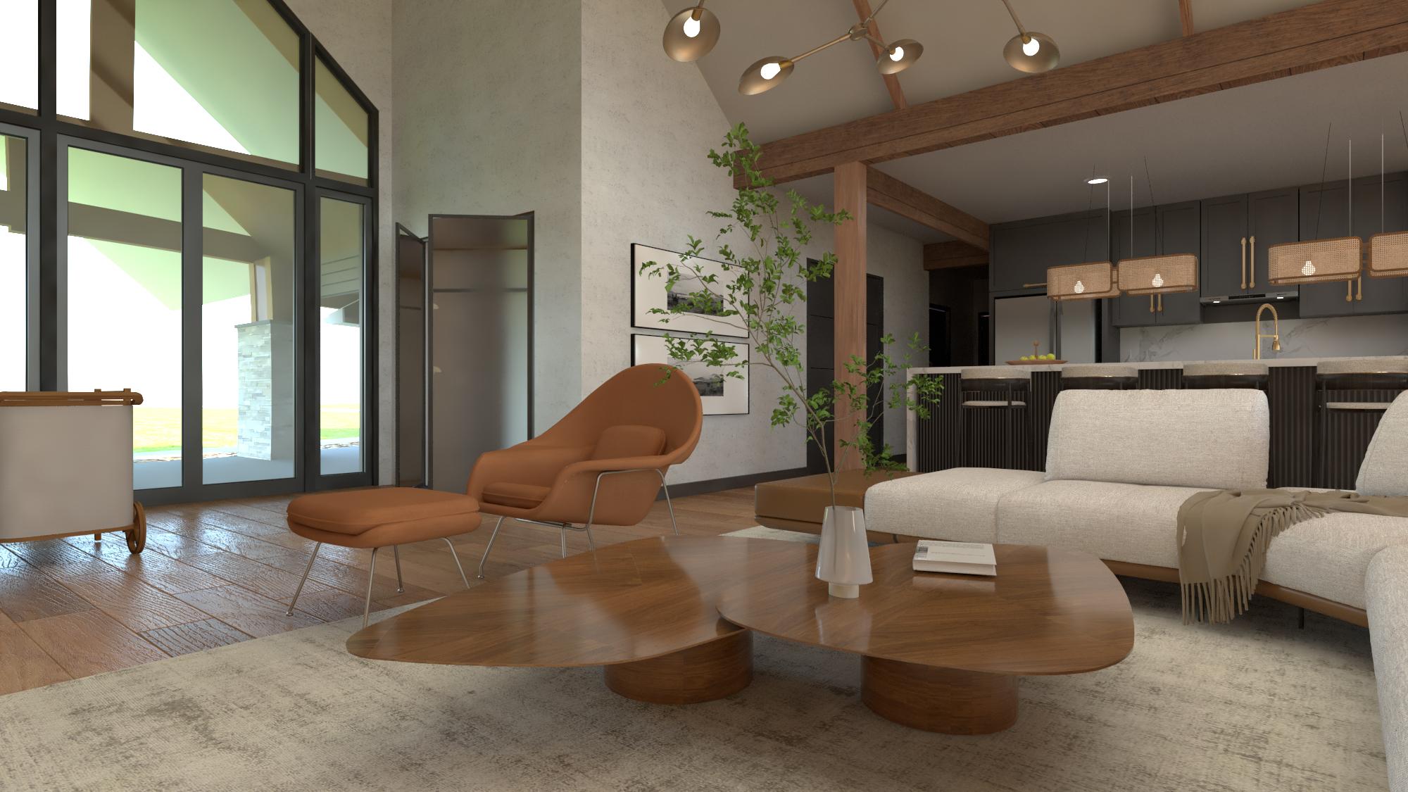 A modern living room with large windows, an open kitchen, and a comfortable seating arrangement with an orange chair and a wooden coffee table.