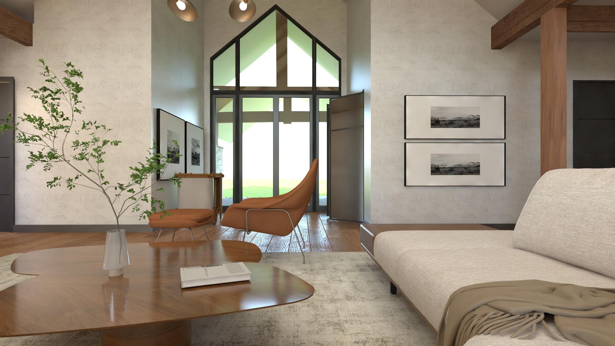 A modern living room with large windows, a curved orange chair, a wooden coffee table, and framed landscape art on the wall.