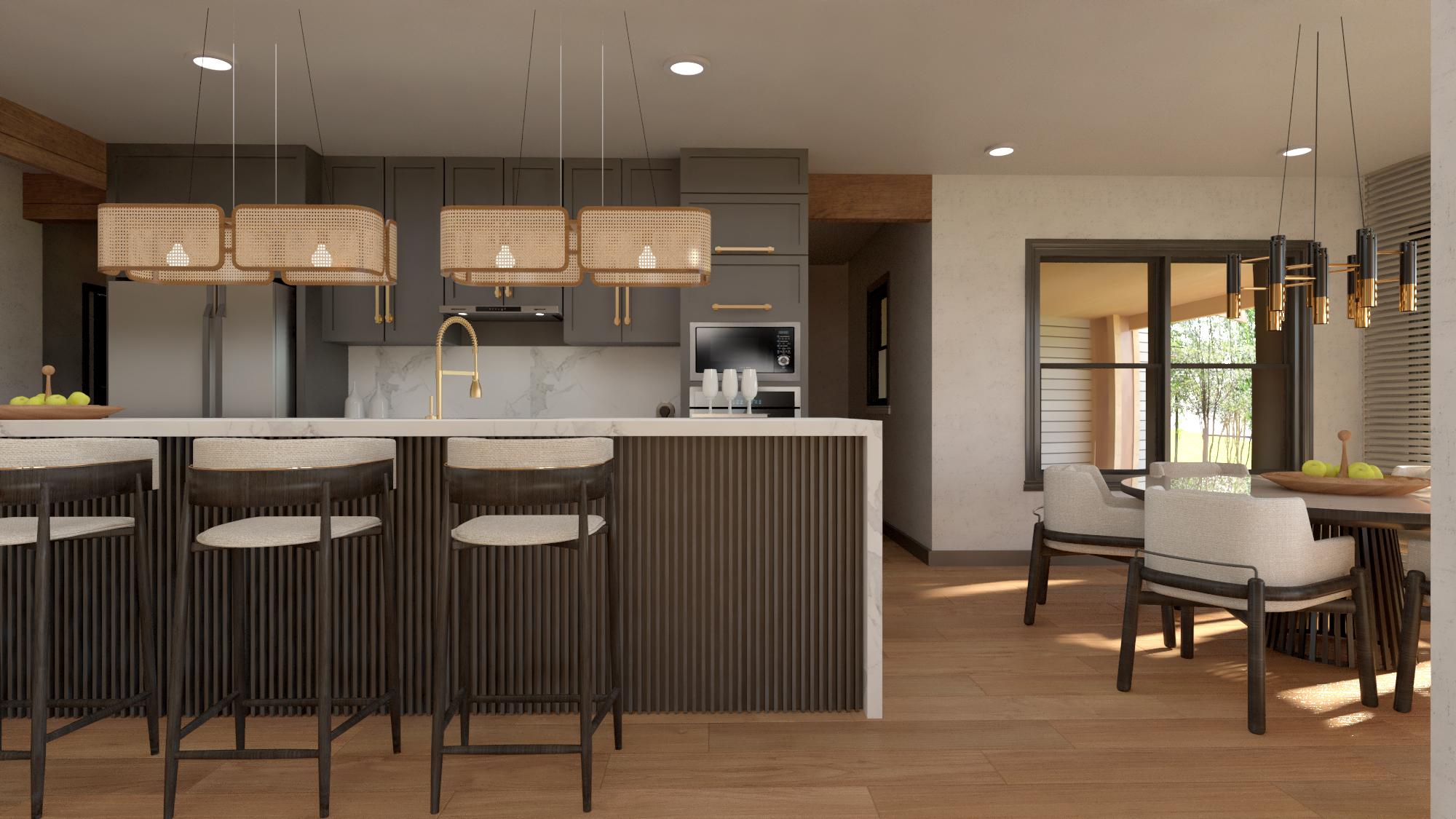 A modern kitchen with a breakfast bar, featuring rattan pendant lights, gray cabinetry, and wooden flooring. A dining area is visible in the background.