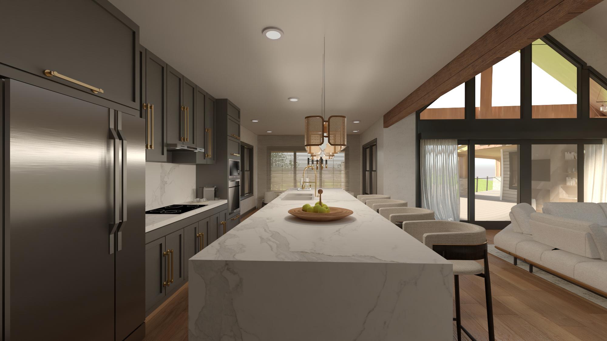 Modern kitchen with marble countertops, dark gray cabinets, and a large island with bar stools. Natural light floods in from large windows.
