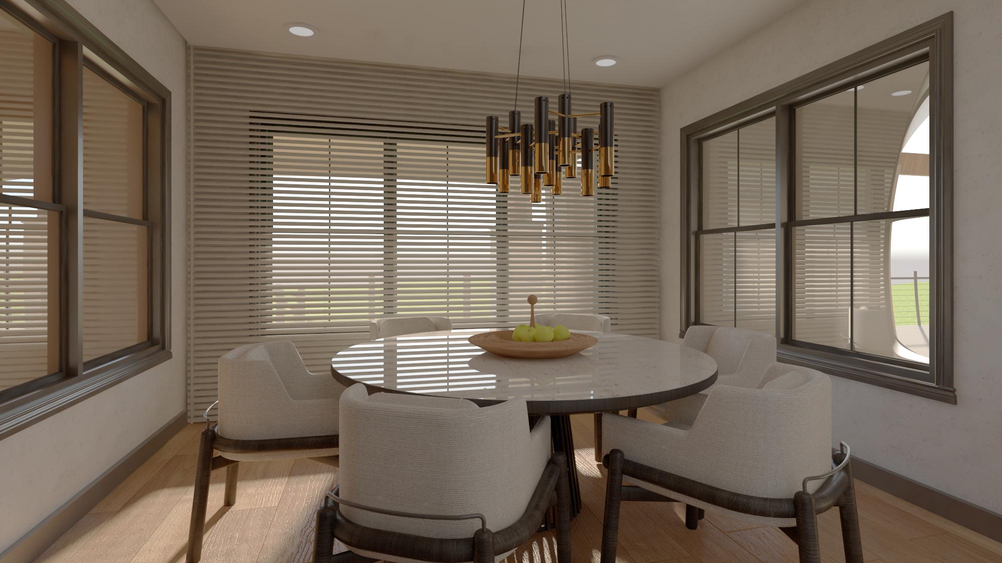 A modern dining room featuring a round table with six chairs. A decorative chandelier hangs above the table, with large windows in the background.