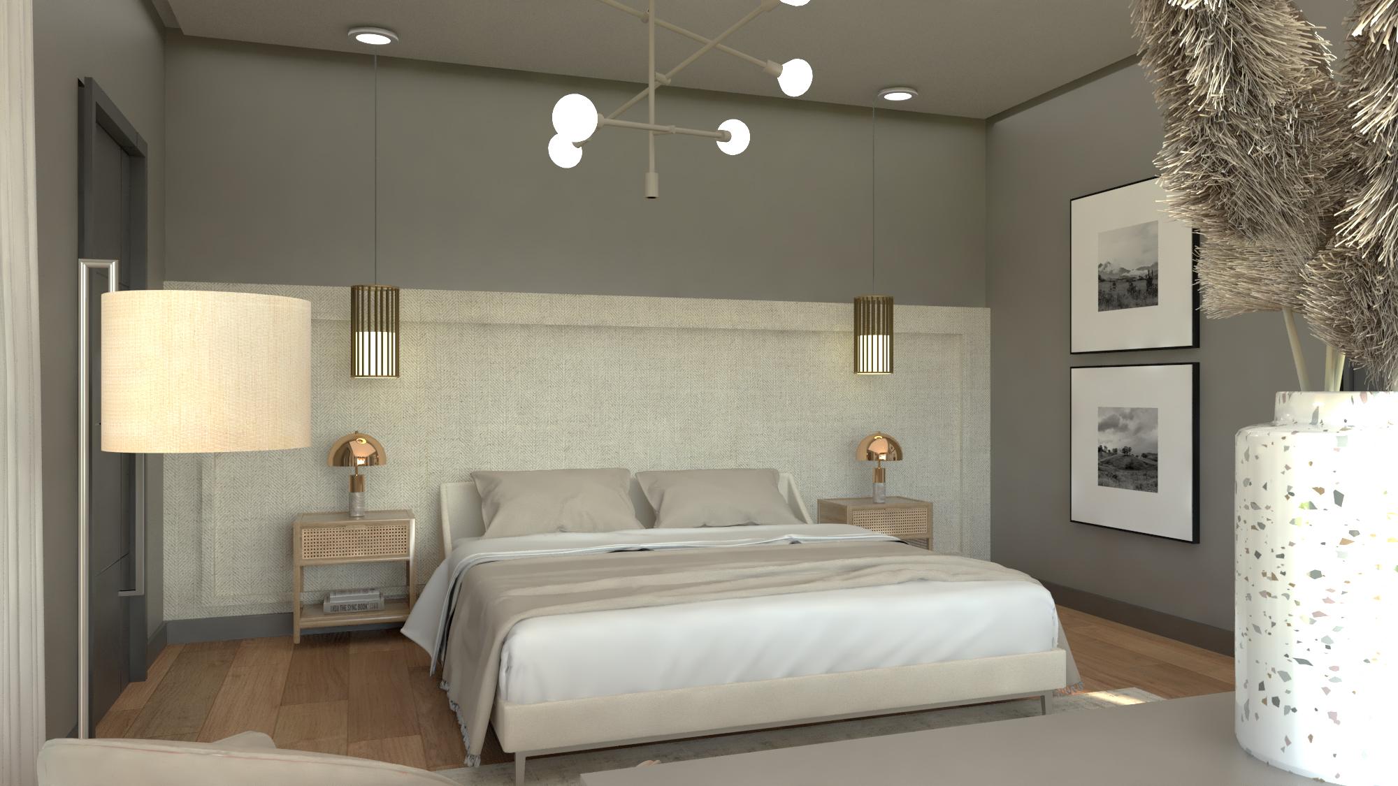A modern bedroom with neutral tones. A bed is centered, flanked by bedside tables. Two framed landscape photos and a decorative vase are on the right.