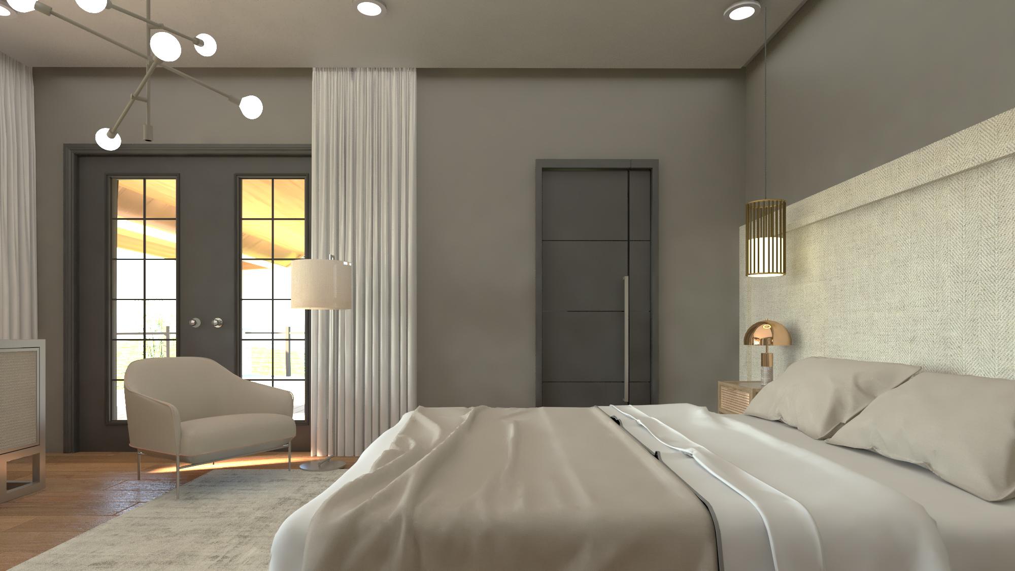 A modern bedroom features a large bed with a headboard, a chair near a door leading to a patio, and a chandelier-style light.