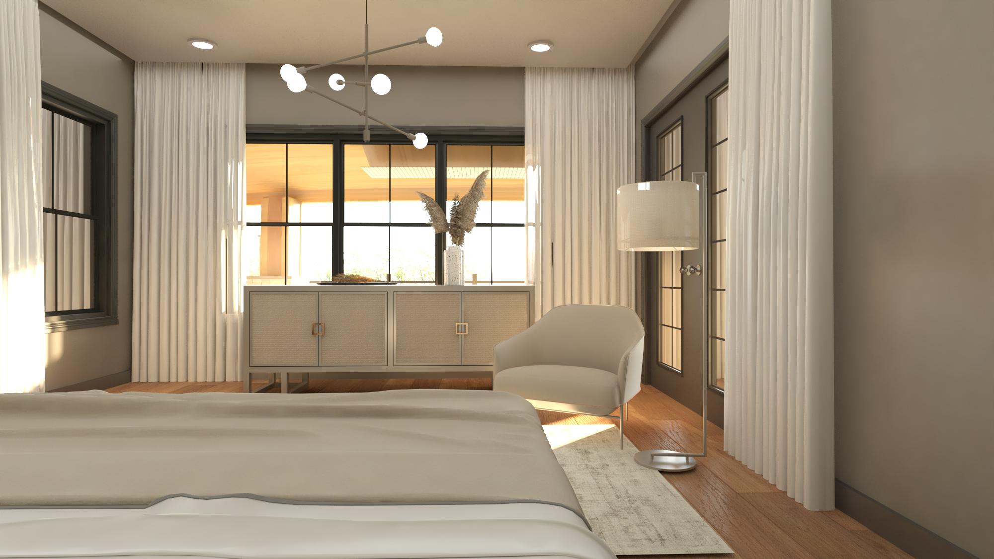 A modern bedroom with neutral tones. Light streams through sheer curtains beside a large window. A bed, armchair, lamp, and cabinet complete the space.