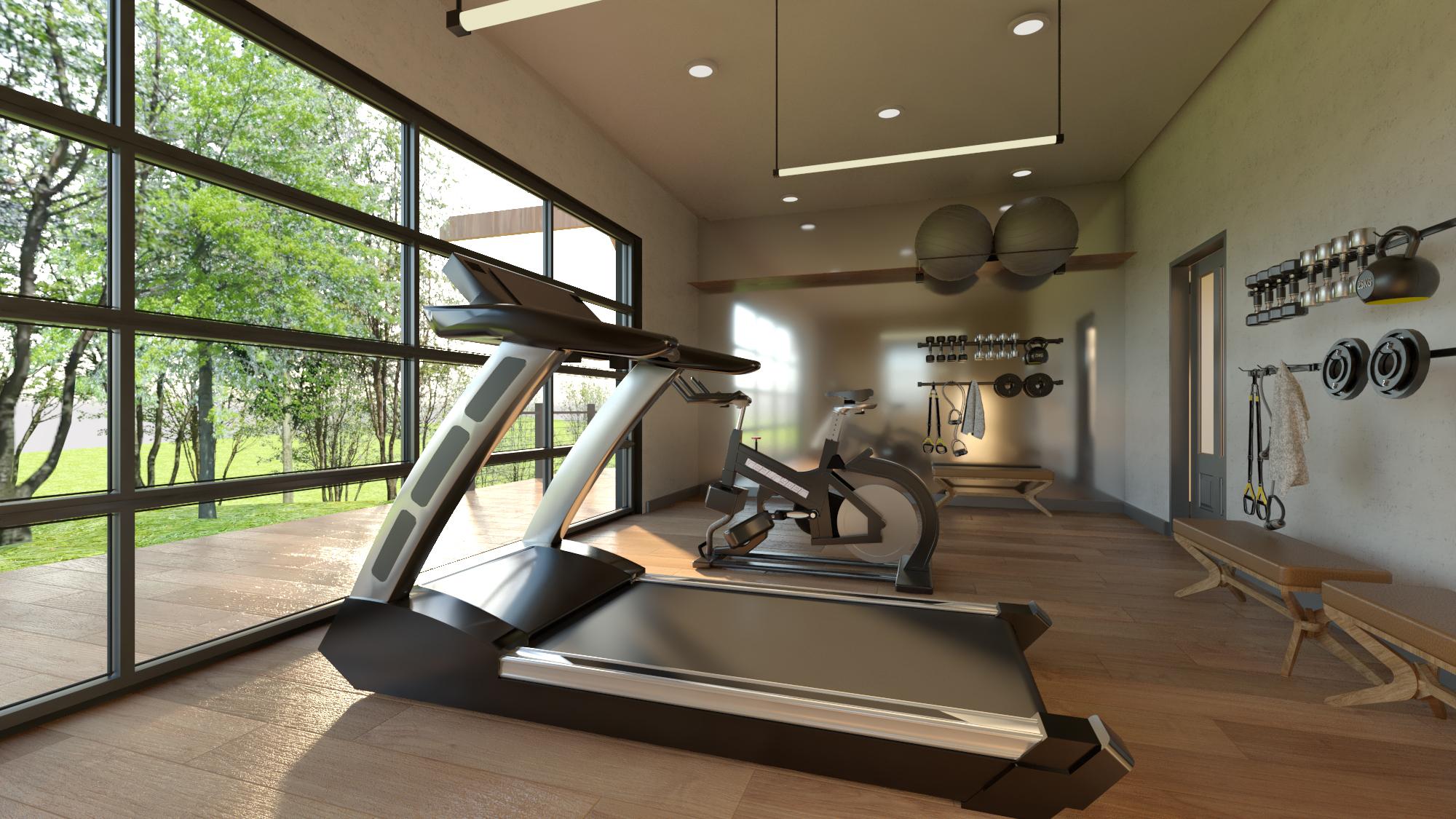 Modern home gym with a treadmill, stationary bike, weights, and a large window overlooking a lush green outdoor area.