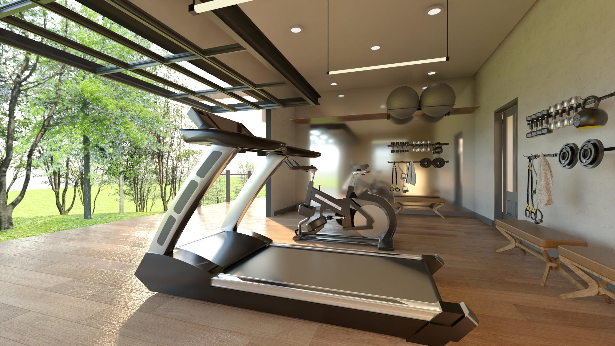 Modern home gym with a treadmill and stationary bike, overlooking a green outdoor area through a large glass door.
