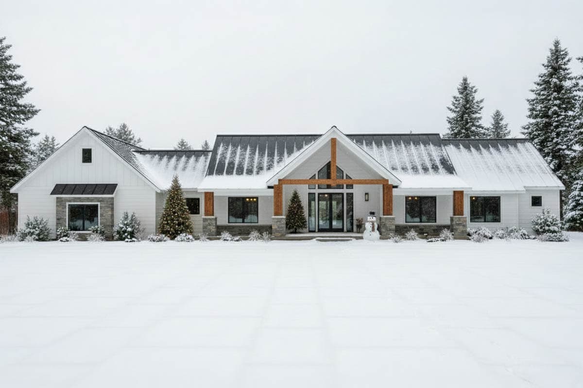 A white modern home covered in snow, with a black roof and wooden accents. A snowman stands near the front door, next to Christmas trees.