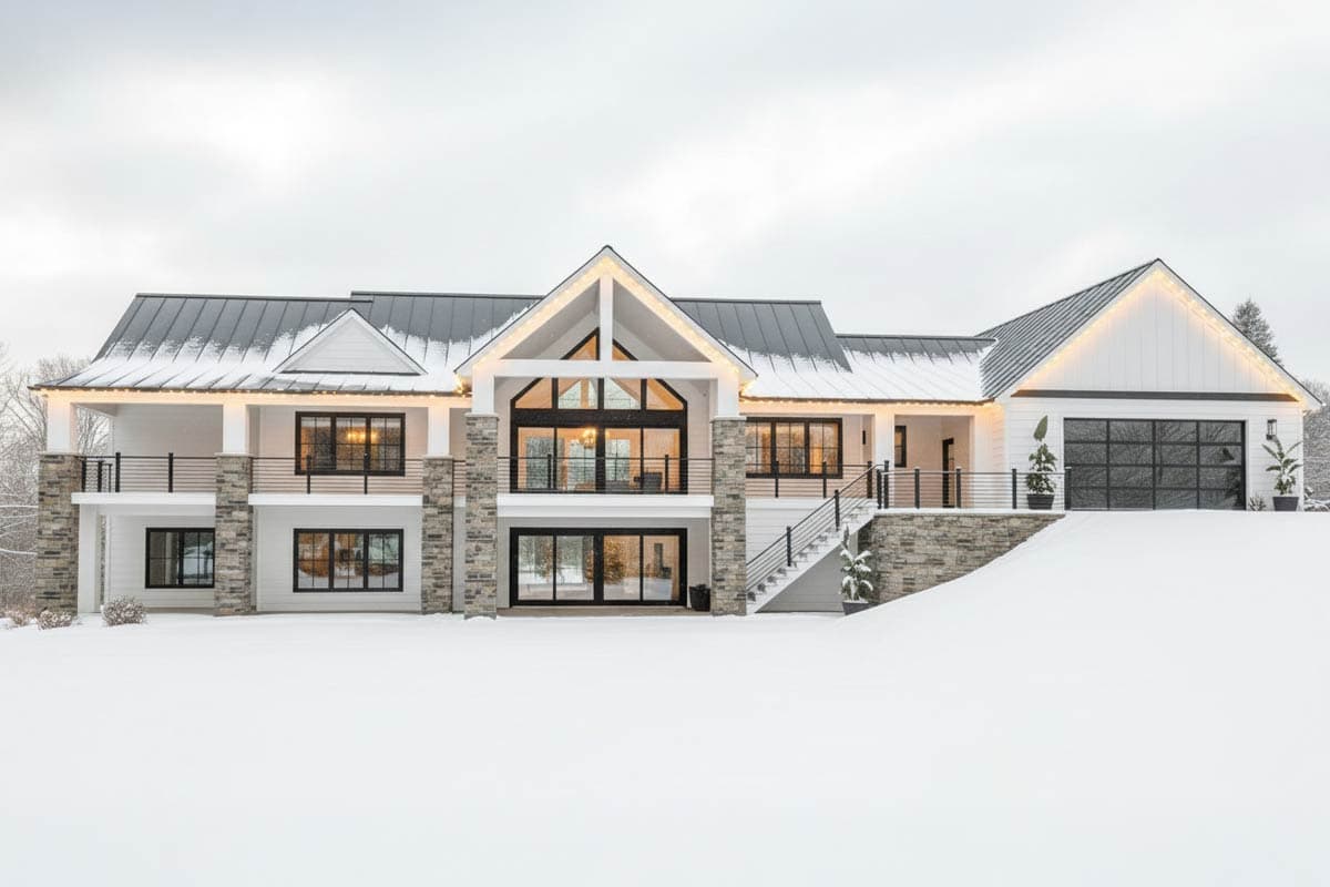 A large, modern white house with a dark metal roof, lights, and black-framed windows, surrounded by snow during winter.