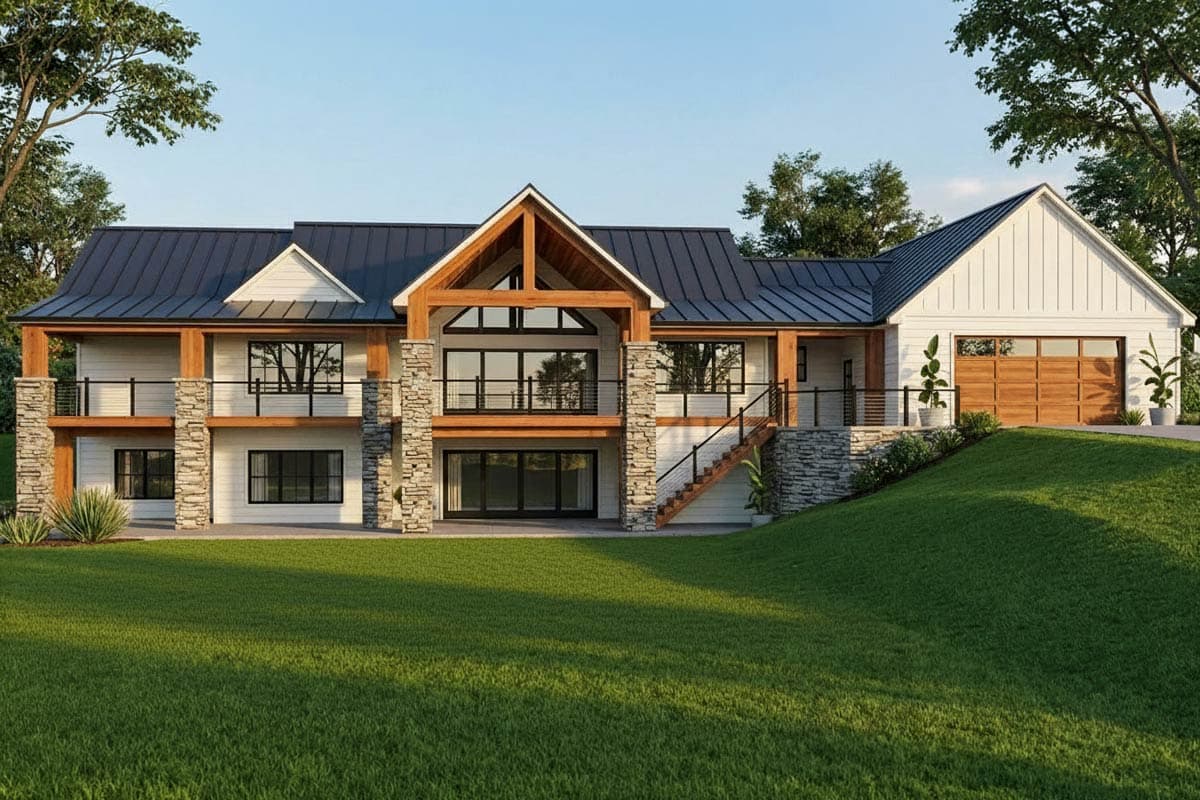 A modern, two-story house with a black roof, stone columns, and large windows. The house sits on a green lawn against a blue sky.