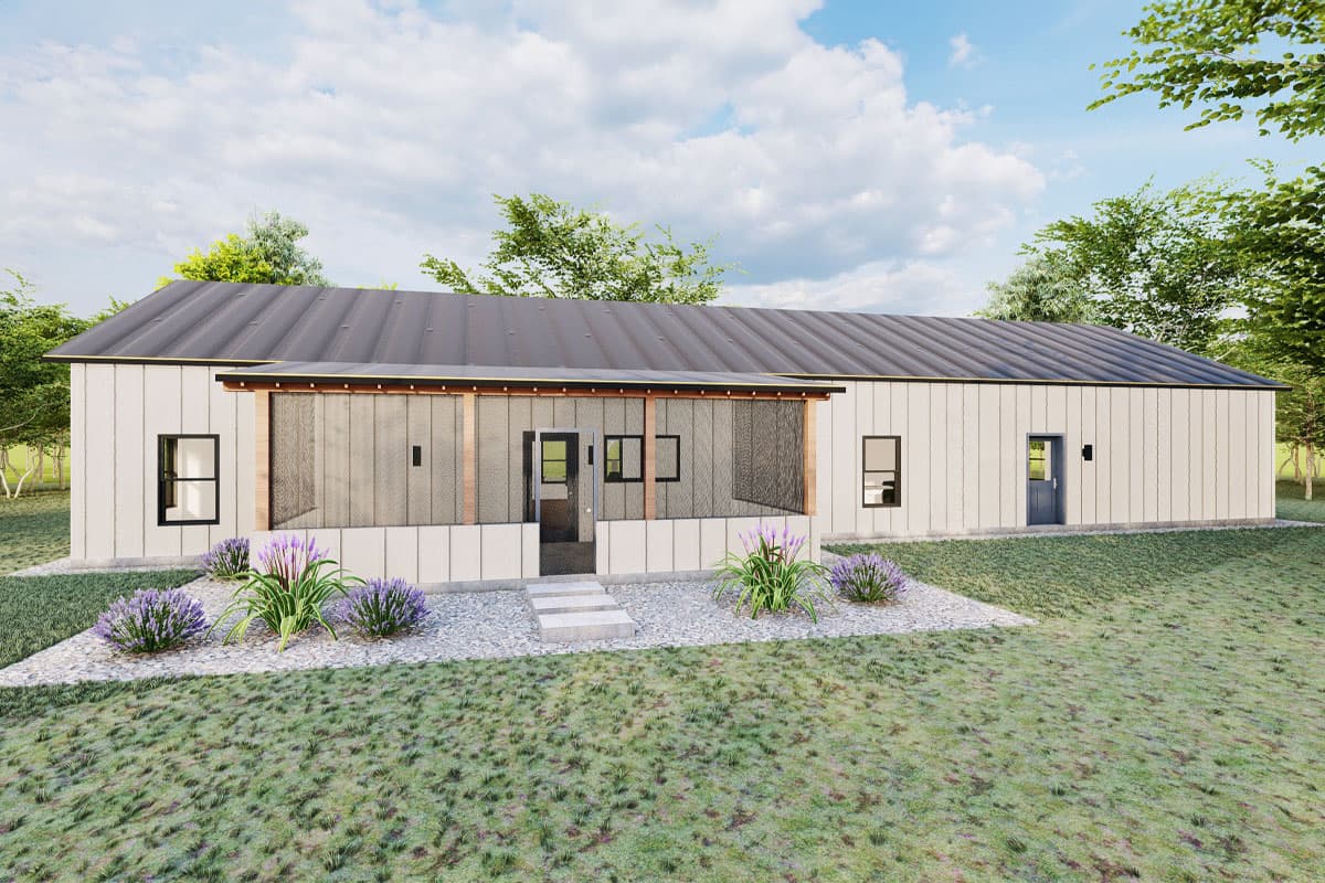 Modern house plan exterior: one-story with metal roof, screened porch, and vertical siding.