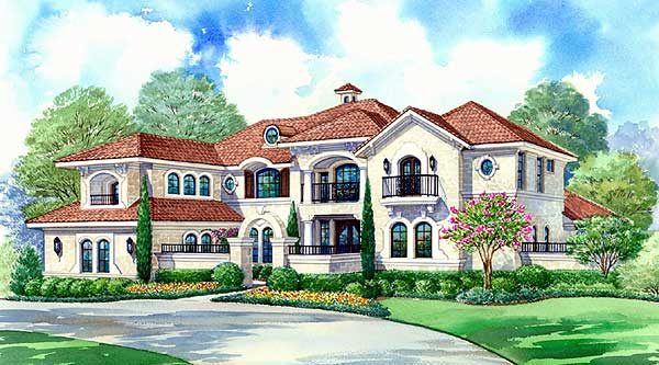 House plan exterior: Two-story home with arched windows, balconies, and red tile roof.