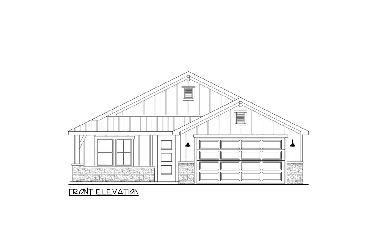 Front elevation of a single-story house plan with gabled roof, stone base, covered porch, and attached garage.