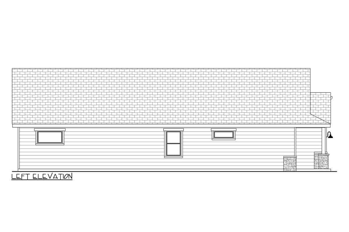 Left elevation drawing of a single-story house plan featuring clapboard siding, three windows, and a covered porch supported by stone columns.