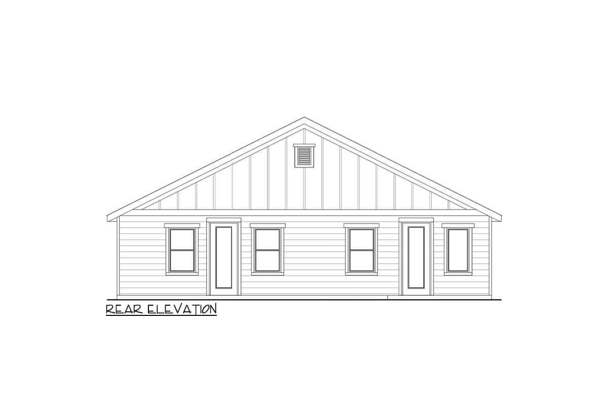 Rear elevation drawing of a single-story house plan with a gable roof, three windows, and two doors.