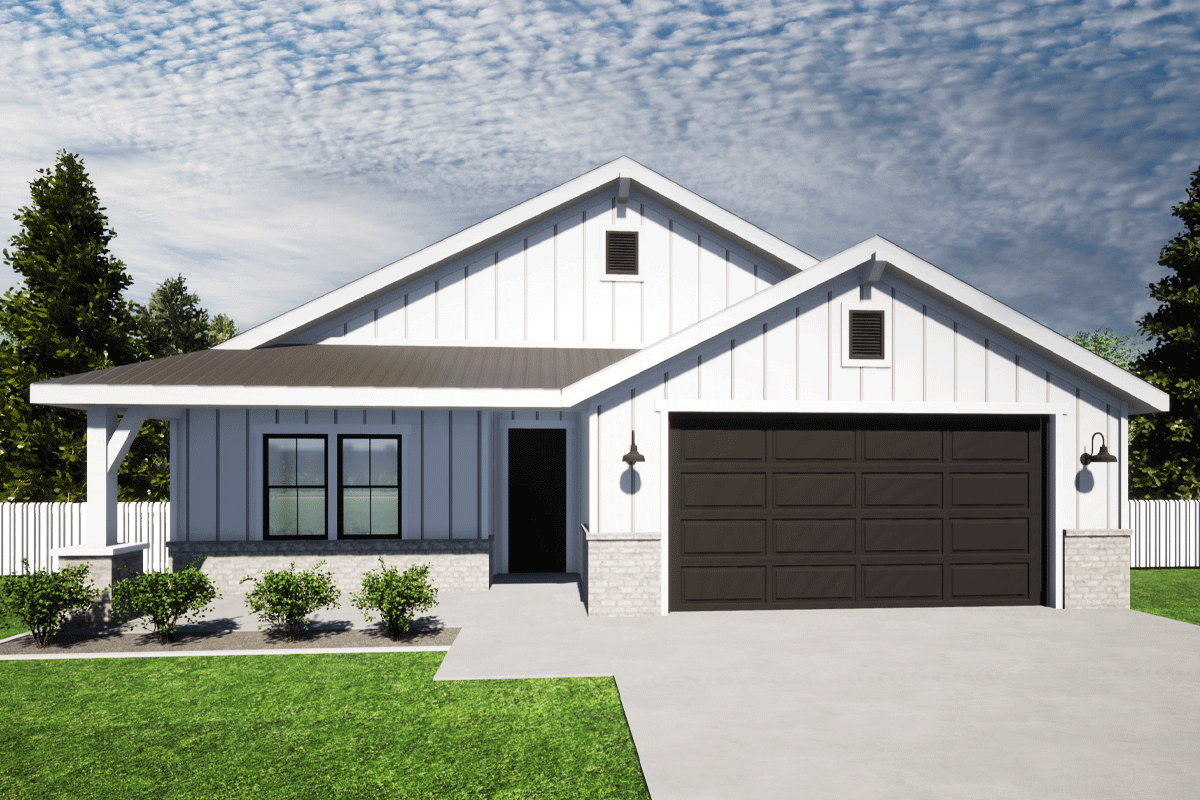 Modern farmhouse house plan exterior with a single story, gable roof, covered porch, and attached garage with a dark-colored door.