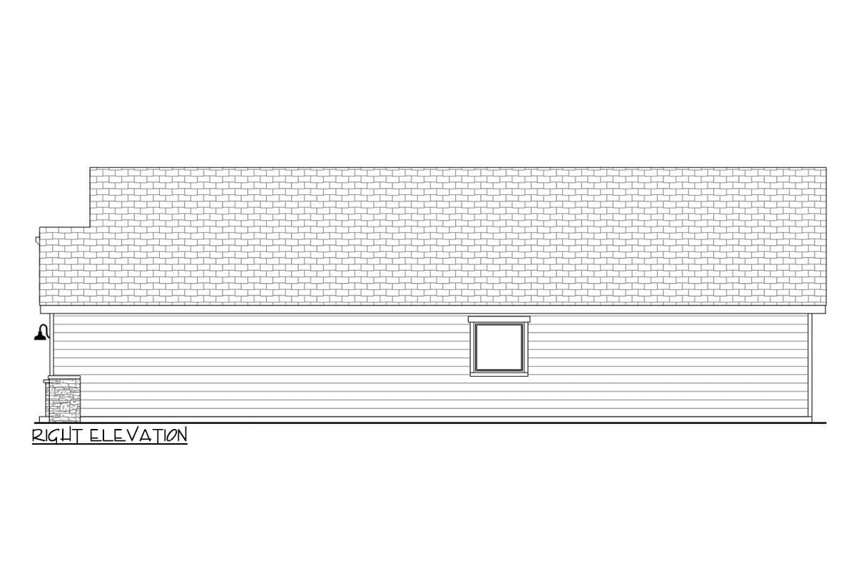 Right elevation drawing of a house plan, showing horizontal siding, one small square window, and a pitched roof.