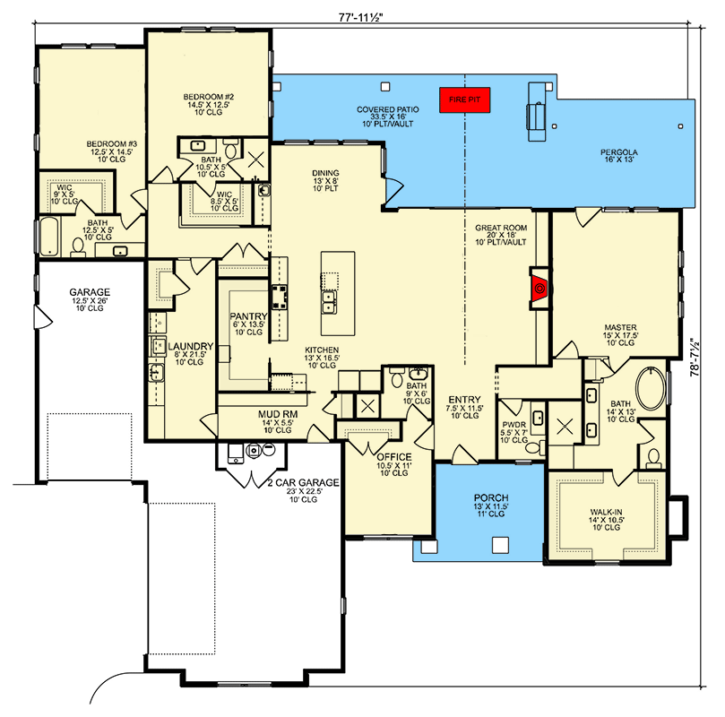 Plan 580098DFT: 1-Story Southwest-Style Ranch House Plan with Outdoor Fireplace and Home Office - 2951 Sq Ft - Floor Plan - Main Level - European, Ranch, Southwest, Tuscan