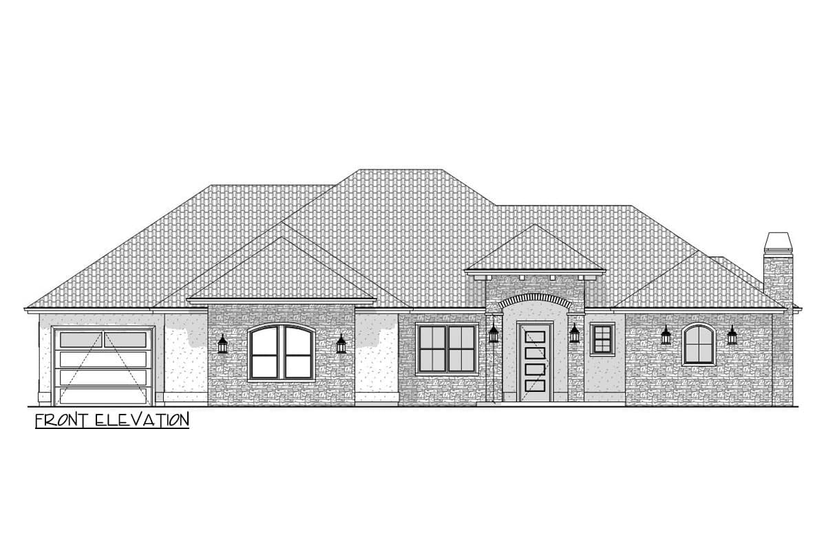 Front elevation house plan for a single-story home with a multi-gabled roof, attached garage, and stone accents.