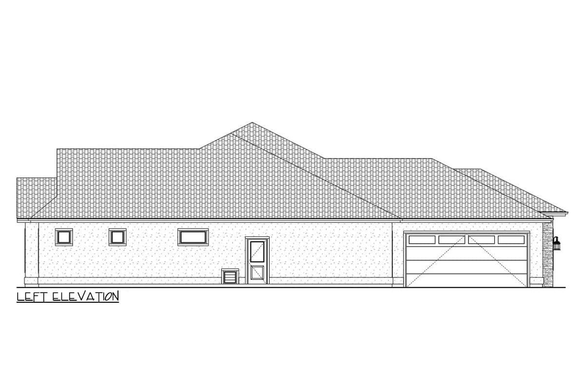 Left elevation floor plan showing a single-story house with a pitched roof, multiple windows, a side door, and an attached garage.