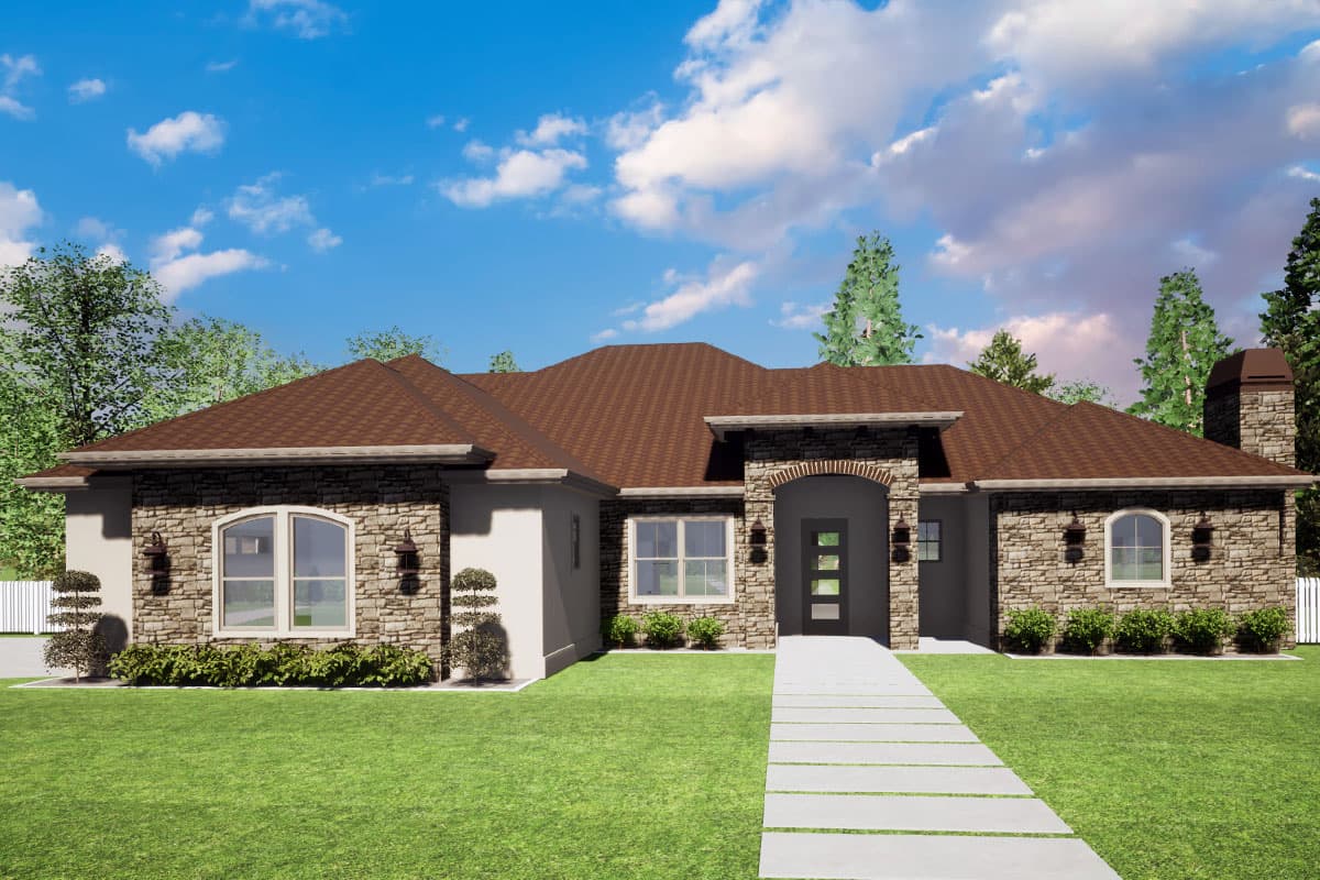 House plan exterior featuring a one-story, stone and stucco facade with a covered entry. The home has a hipped roof and a chimney.