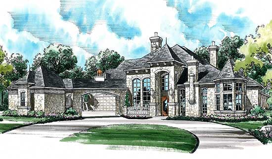 House plan exterior: stone construction, prominent gables, arched windows, porte-cochère with garage.