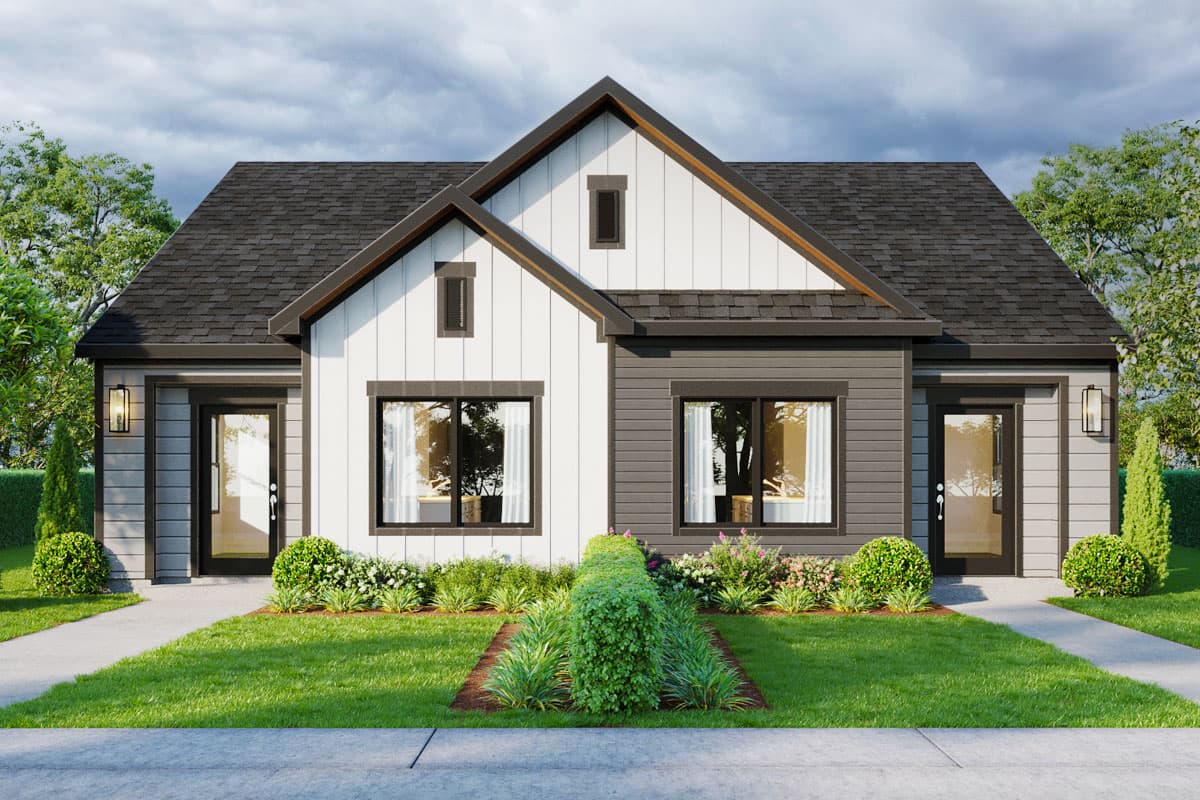 House plan exterior. Modern Farmhouse style with a gabled roof, vertical siding, and two single-pane windows. Two entries on either side.