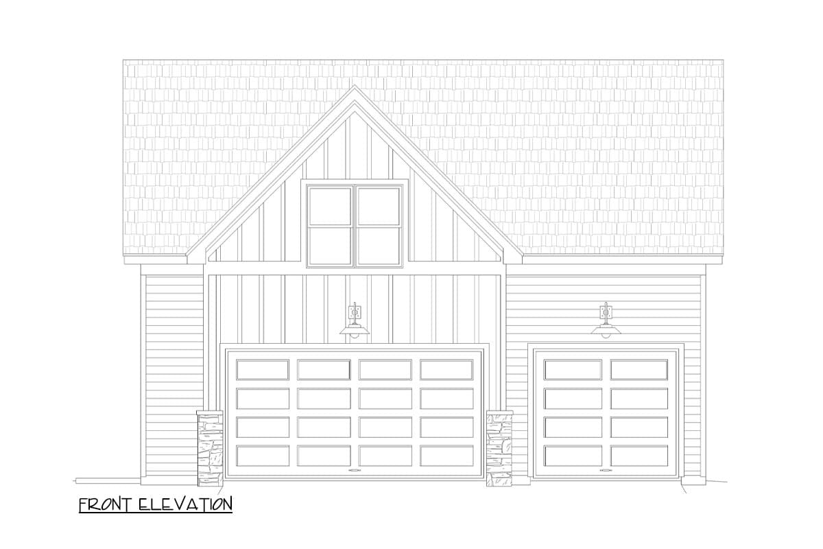 Front elevation drawing of a house with a gabled roof, two garage doors, and a dormer window.