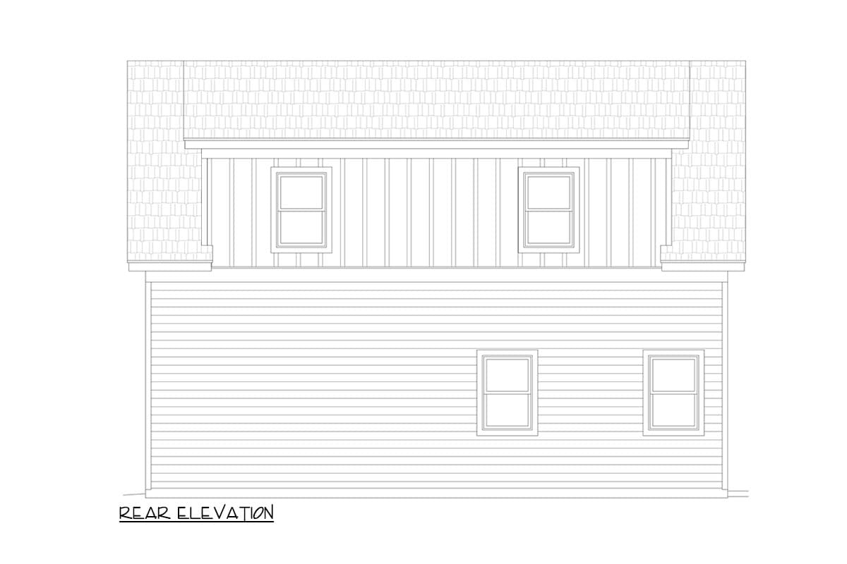 Rear elevation drawing showing two stories, clapboard siding, vertical siding on upper level, and five windows.