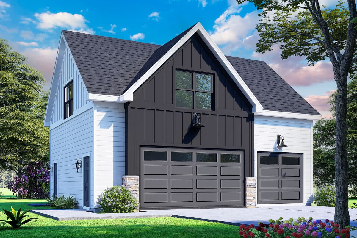 House plan exterior with two stories and a farmhouse style. Features include board and batten siding, gable roof, and two garage bays.