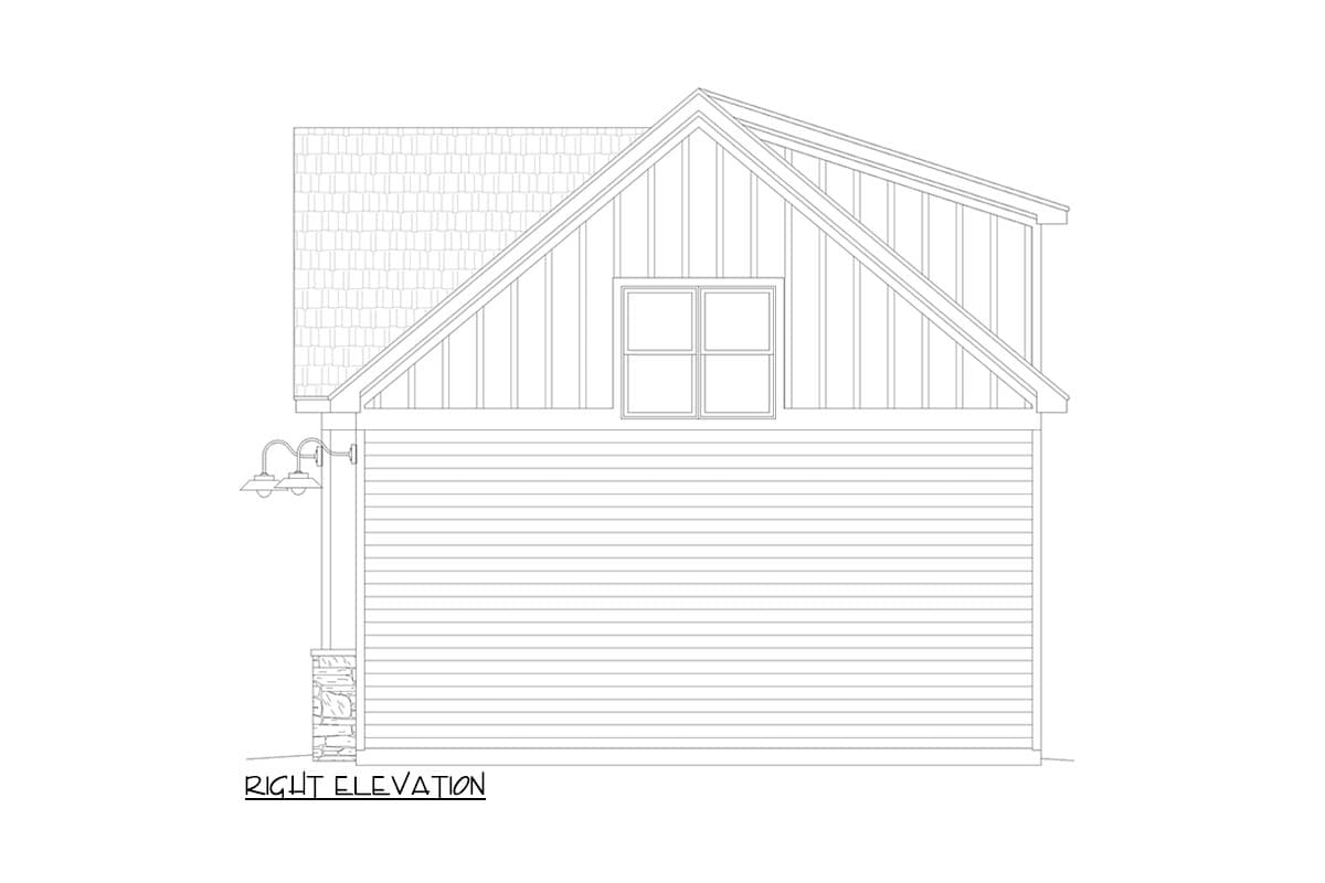 Right elevation house plan showing gabled dormer with window, horizontal siding, and stone accent.