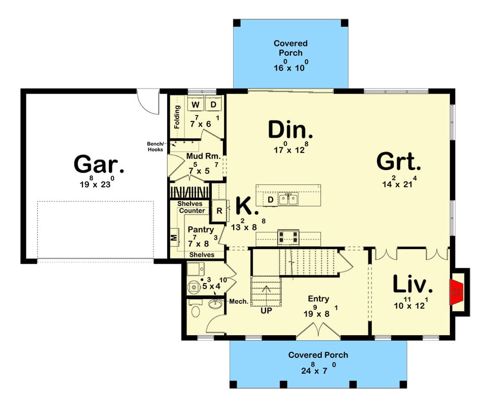 Plan 623347DJ: Two-Story Colonial House Plan with Stacked Front Porches - 2544 Sq Ft - Floor Plan - Main Level - Colonial, Country, Traditional