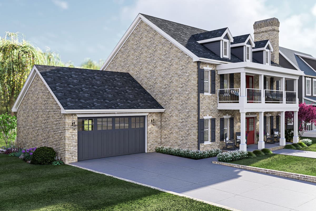 House plan exterior: Two-story brick home with side-entry garage, double-decker front porch, dormers, and brick chimney.