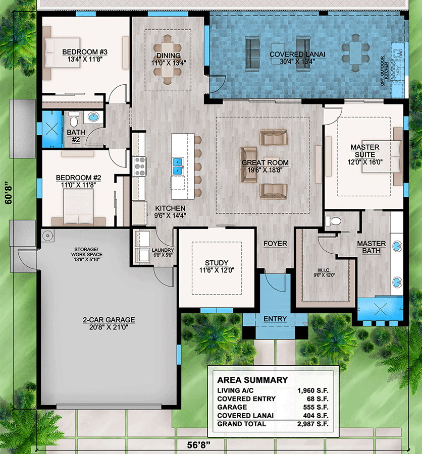 Plan 86147BW: 1-Story Coastal Contemporary Home Plan with Private Study - 1960 Sq Ft - Floor Plan - Main Level - Coastal Contemporary, European, Florida-Style, Mediterranean, Transitional