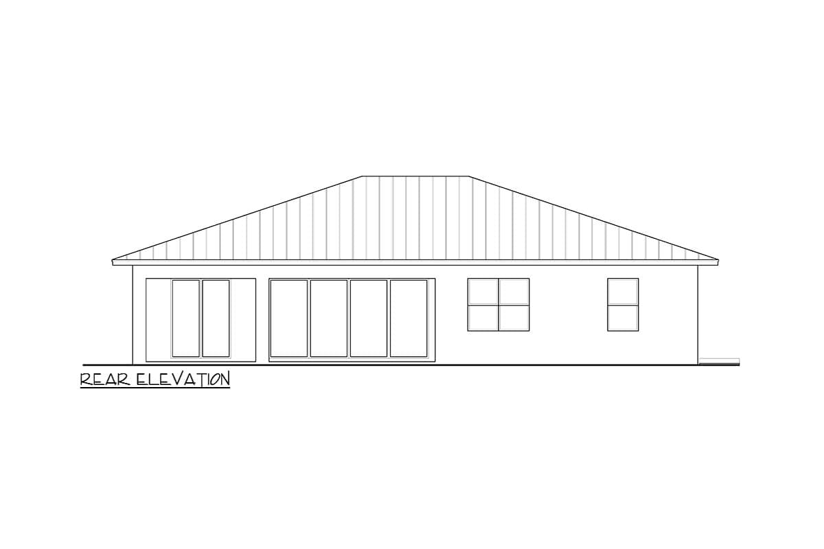 Rear elevation drawing of a single-story house with a metal roof, featuring large sliding glass doors and two square windows.