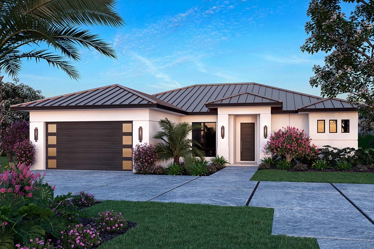 House plan exterior. Modern style, single story home with a flat roof and a front-facing garage. Features include recessed entry and accent lighting.