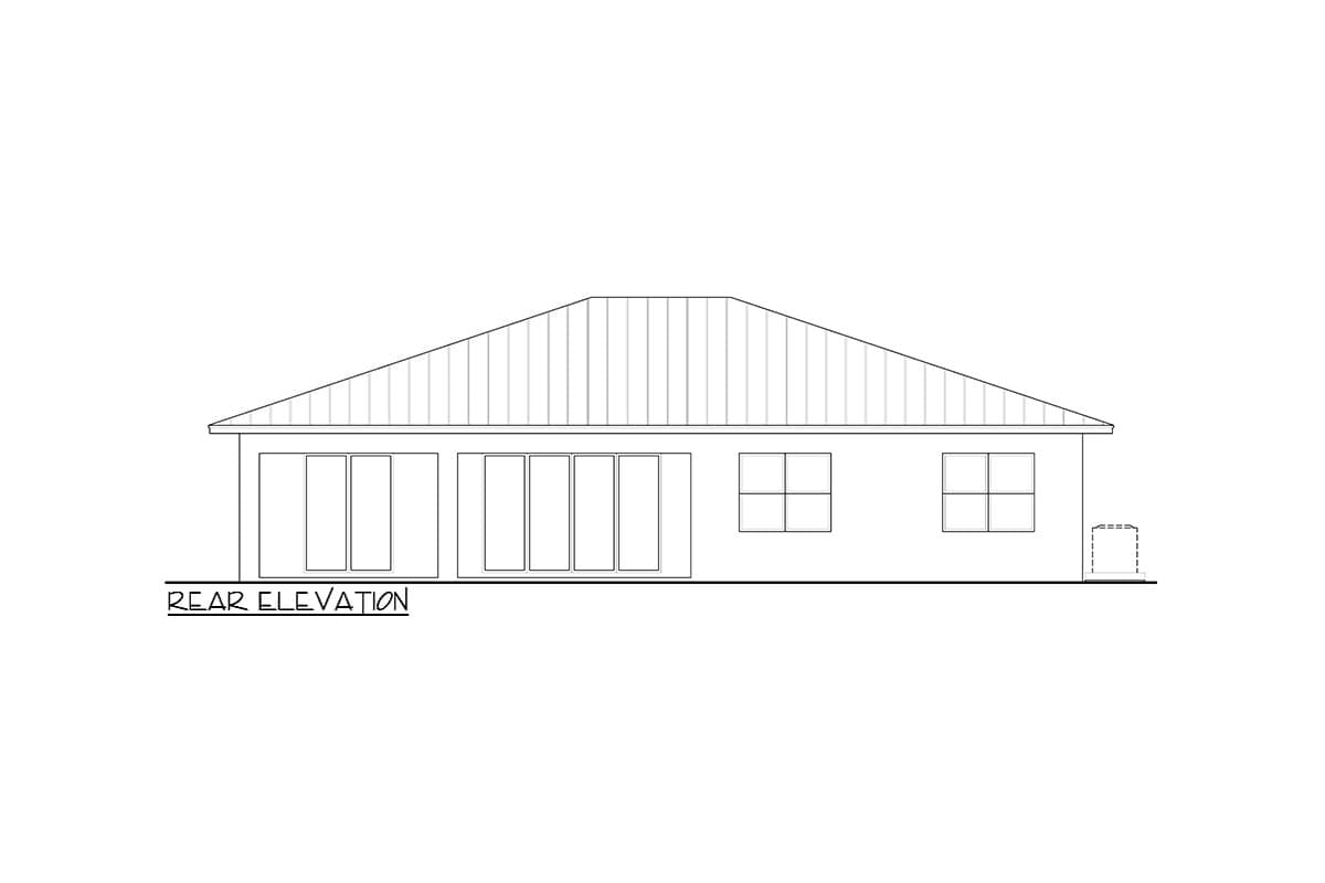 Rear elevation of a house plan showing a hip roof, multiple large windows, and two smaller windows.
