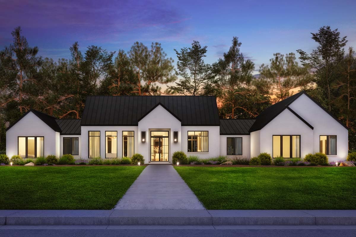 Modern house plan exterior with white brick, black metal roof, multiple gables, and large windows.