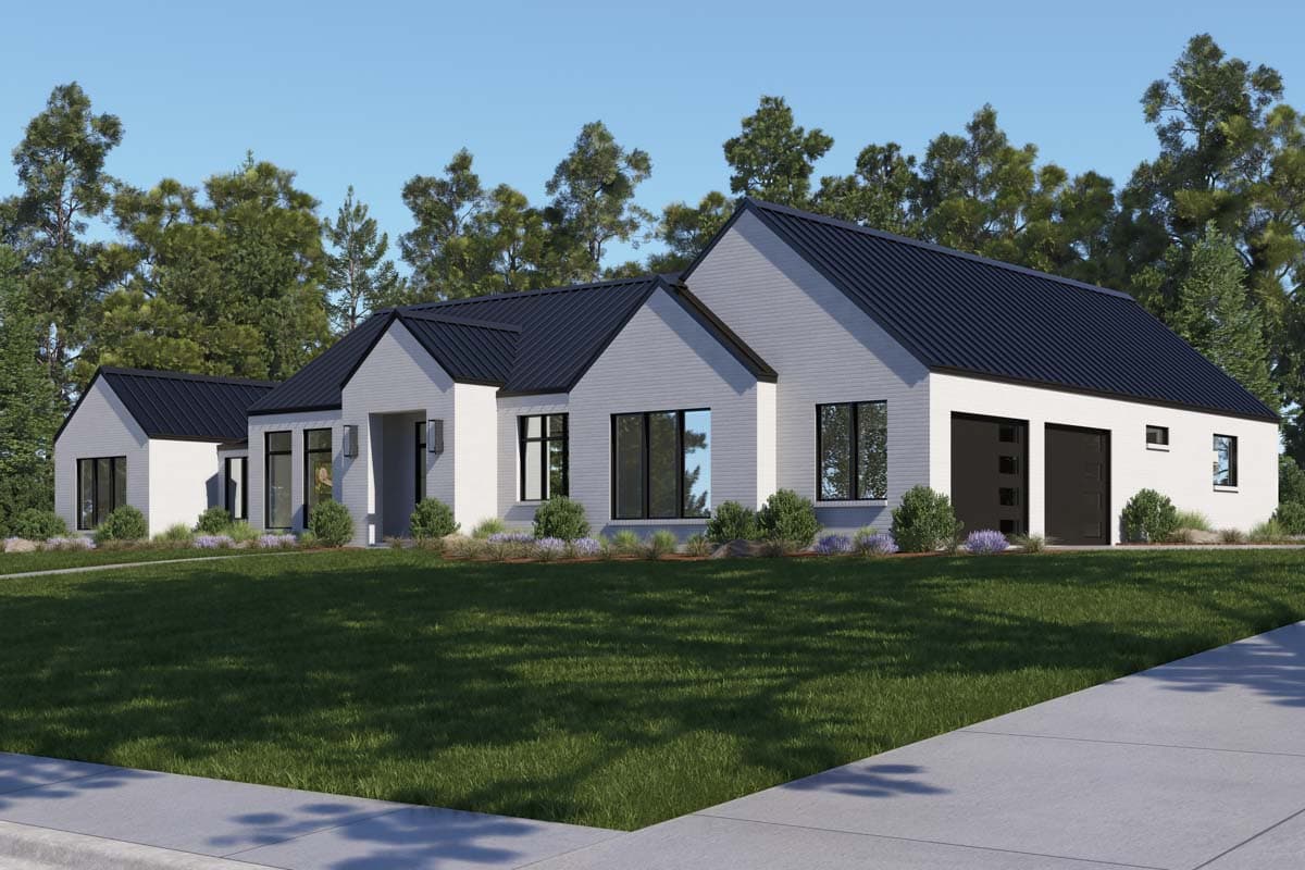 Modern house plan exterior with gabled rooflines, white brick facade, large windows, and a side-entry two-car garage.