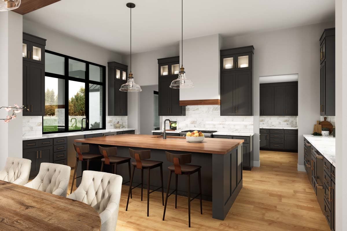 Modern kitchen rendering with dark cabinetry, large island with wood countertop, bar seating, and expansive windows.