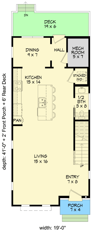 Plan 680301VR: 19-Foot-Wide 3-Story House Plan with Contemporary Exterior - 2019 Sq Ft - Floor Plan - Main Level - Contemporary