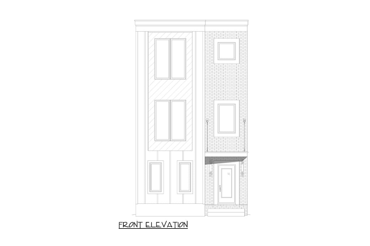 Front elevation drawing of a narrow, three-story house with varied window styles and brickwork.
