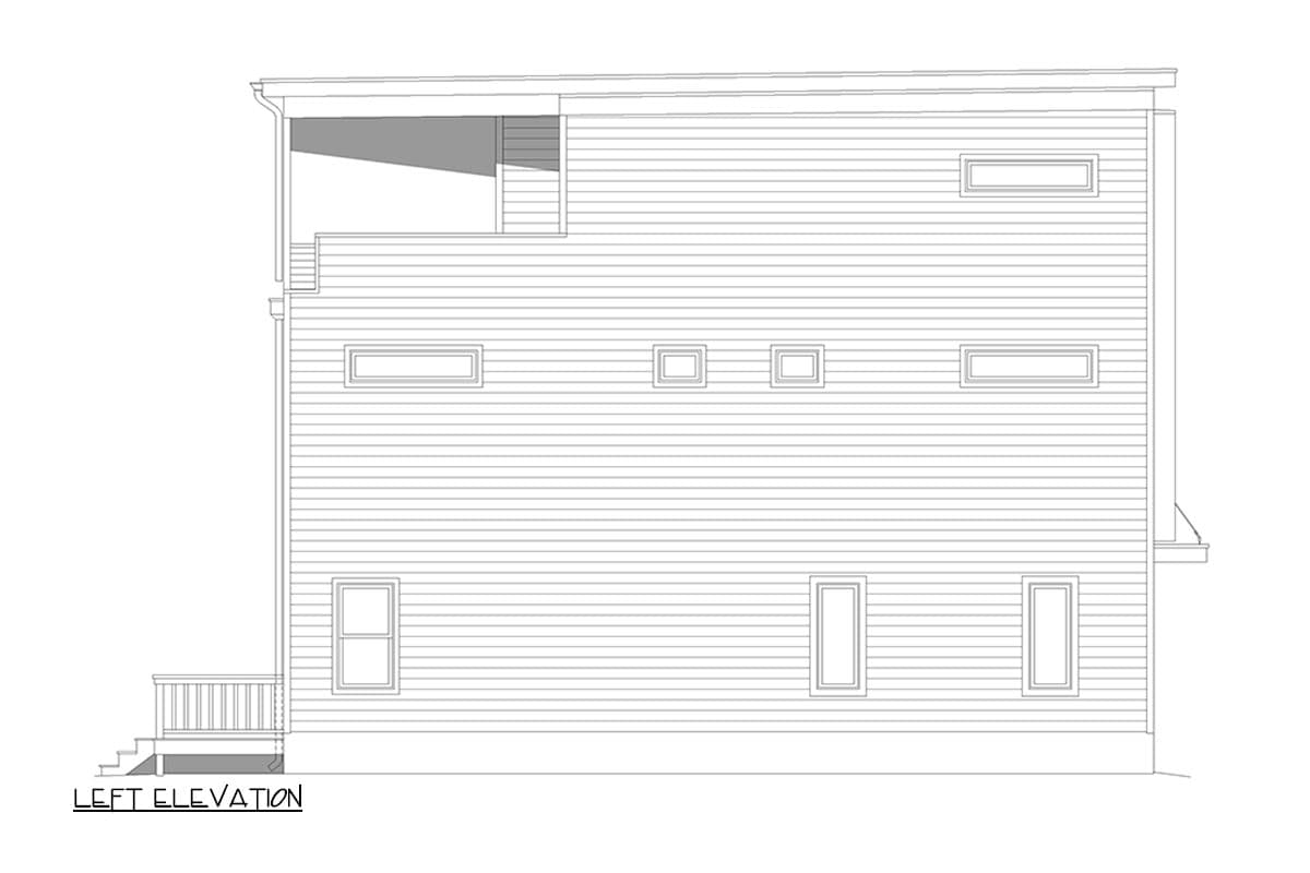 Left elevation drawing of a two-story house plan with horizontal siding, a covered balcony, and multiple windows.