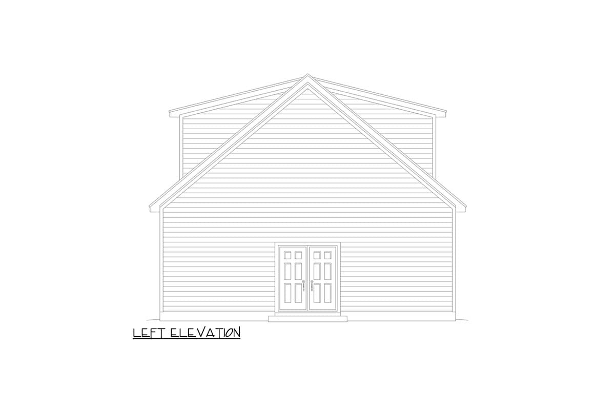 Left elevation drawing of a two-story house plan with a gable roof, horizontal siding, and double doors.