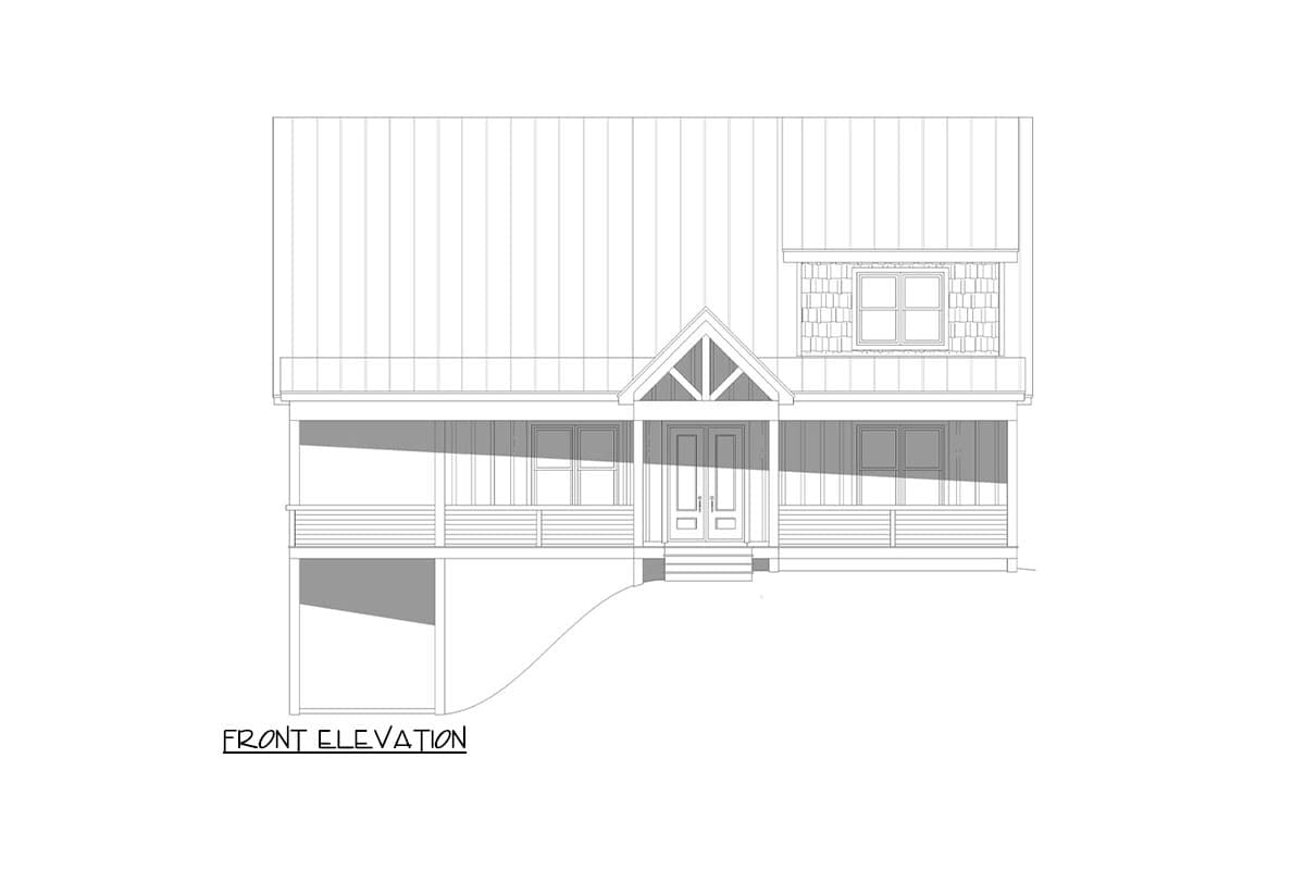 Front elevation drawing of a house plan featuring a gabled entry porch, a dormer with shingle siding, and a wraparound porch.