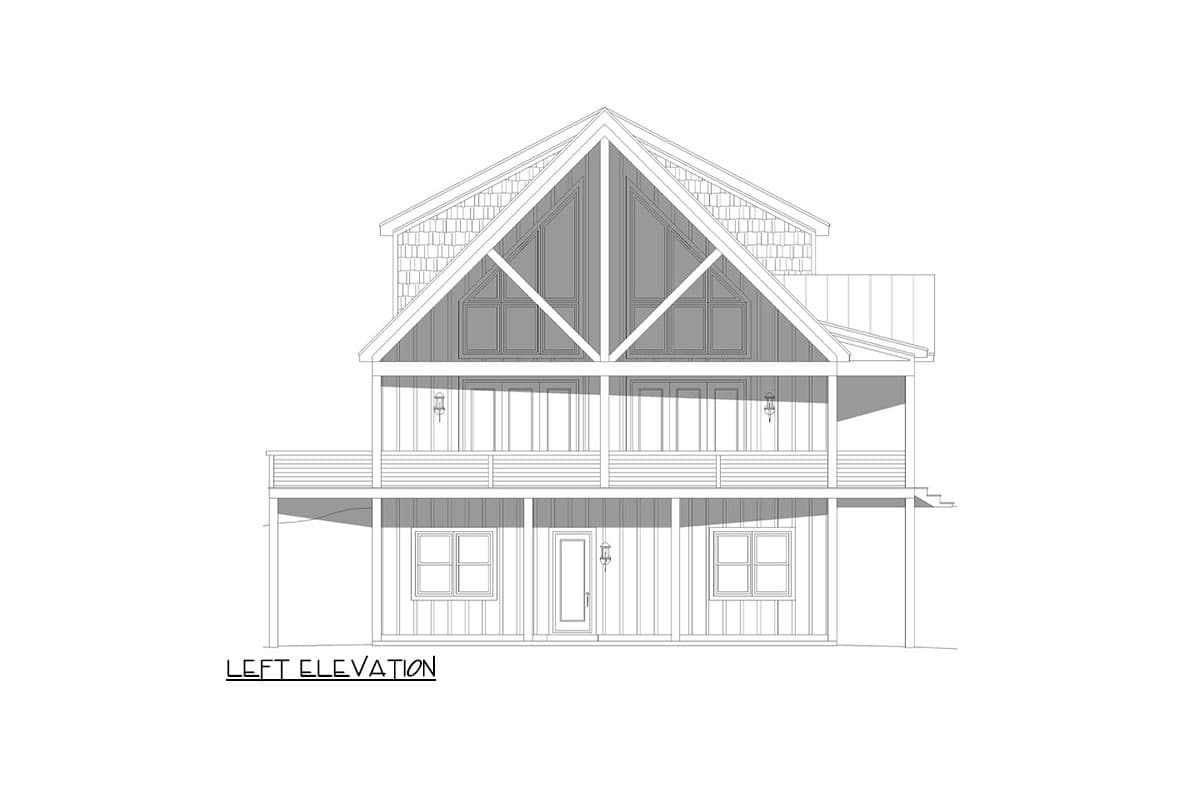 Left elevation floor plan drawing of a two-story house with a prominent gabled roof, porch, and multiple windows.
