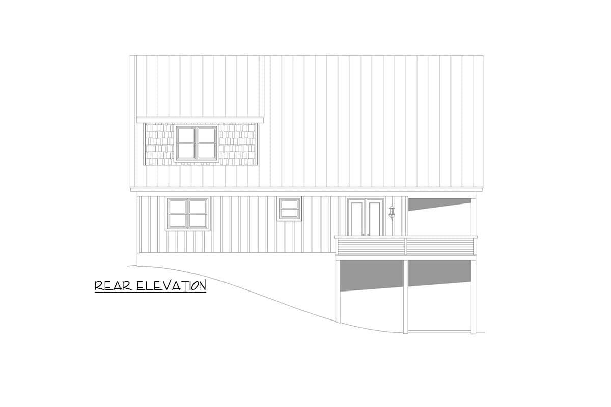 Rear elevation drawing of a two-story house with a standing seam metal roof, clapboard siding, shingle detail, and a rear deck.