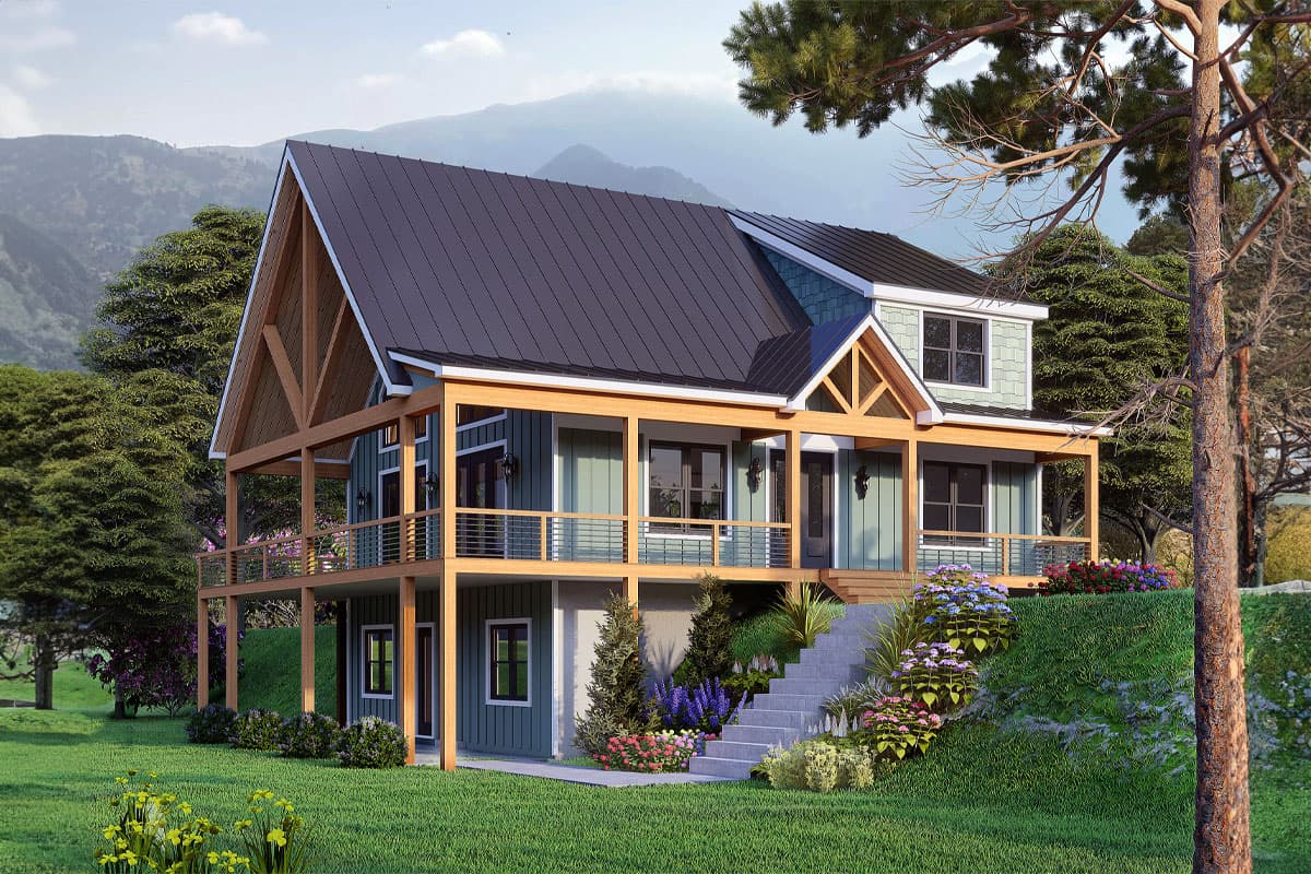House plan exterior. Two-story with open porch, shed dormer, and exposed timber framing on gable end. Features a metal roof.